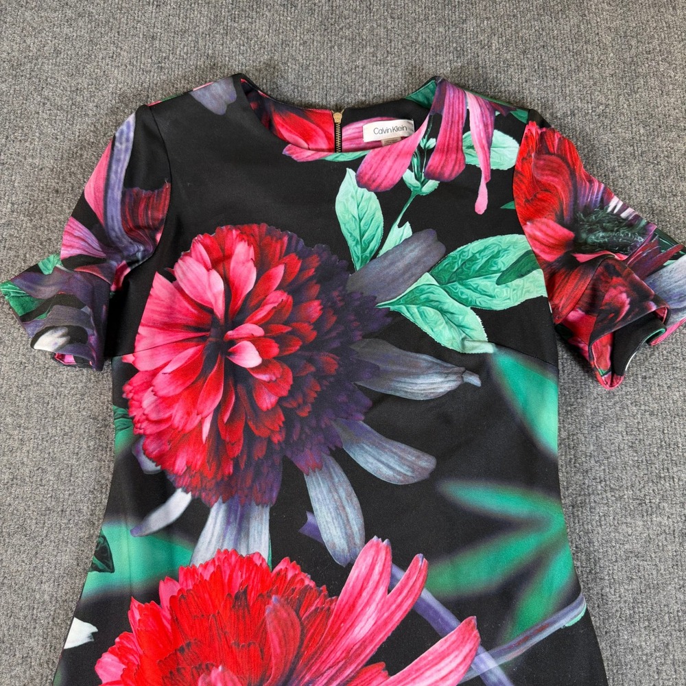 Calvin Klein Womens Floral Sheath Dress Bell Sleeve CD8C33YM Black Red Size 4